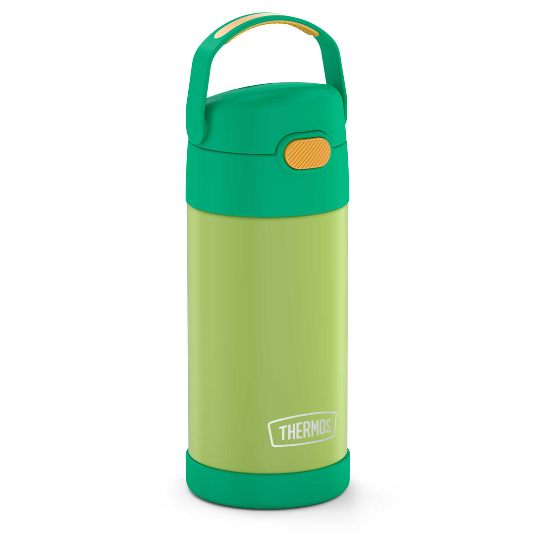 12 ounce Funtainer water bottle, lime and orange, side view.