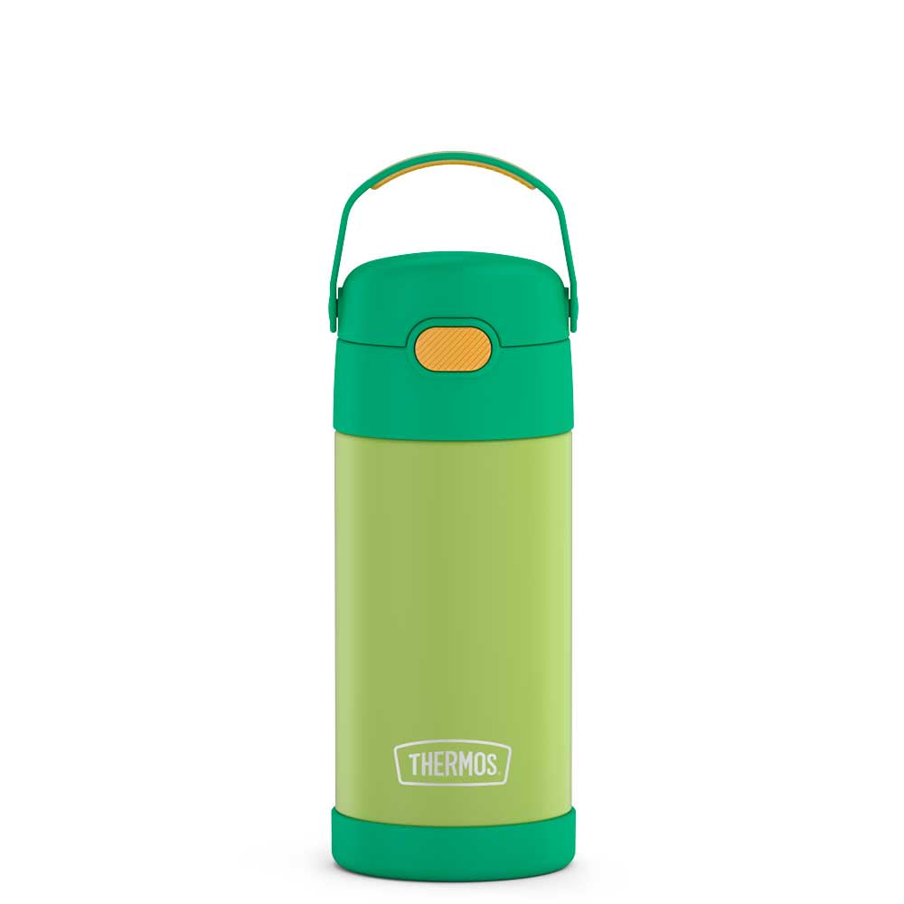 12 ounce Funtainer water bottle, lime and orange, front view.