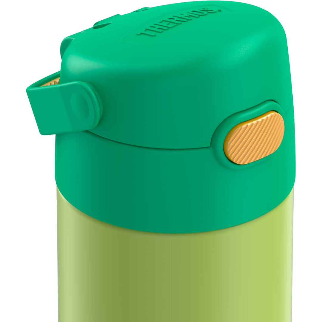 12 ounce Funtainer water bottle, lime and orange, lid inset.