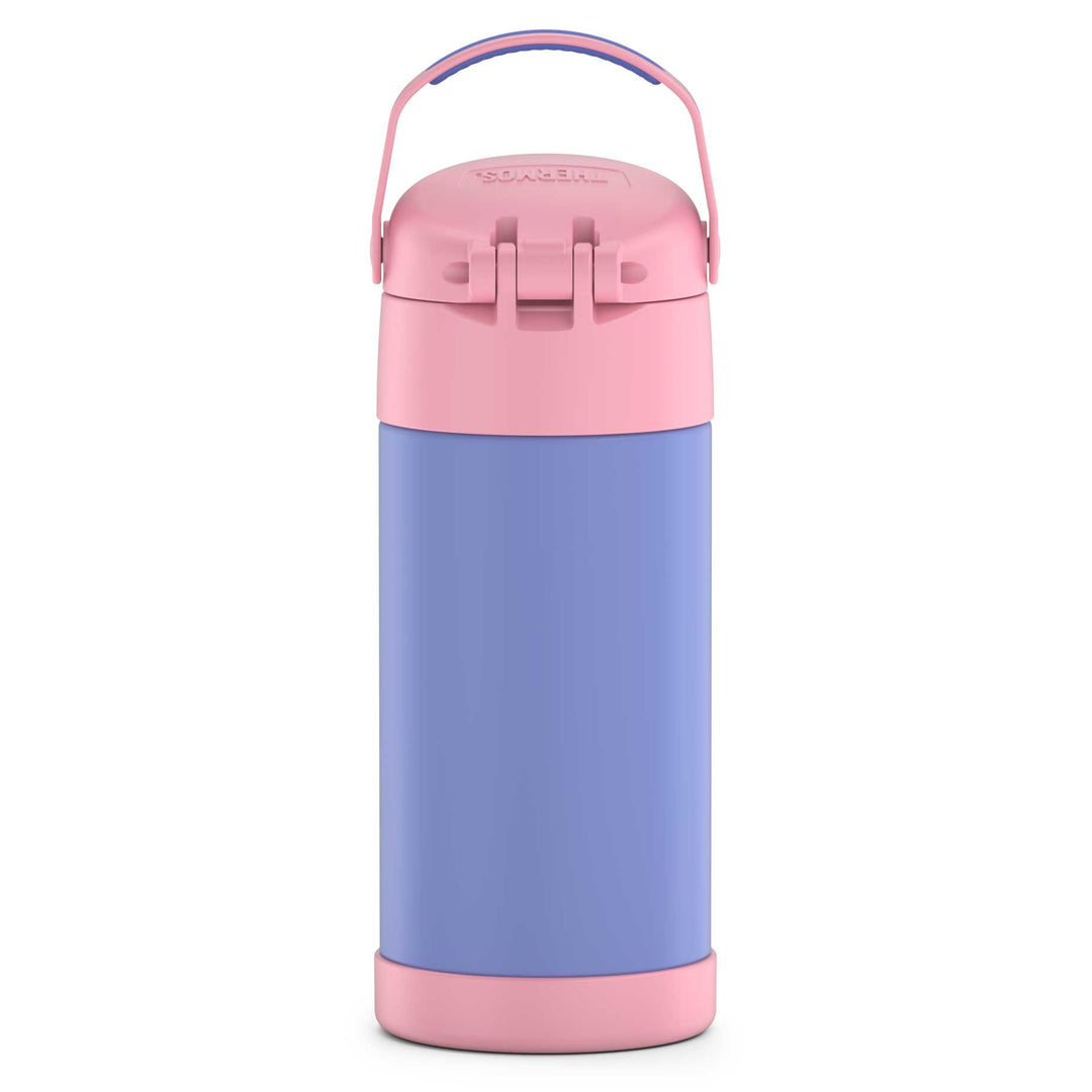 12 ounce Funtainer water bottle, purple and pink, back view.