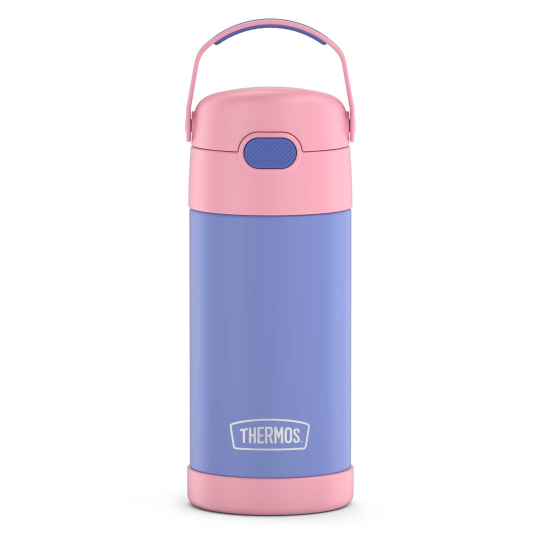 12 ounce Funtainer water bottle, purple and pink, front view.