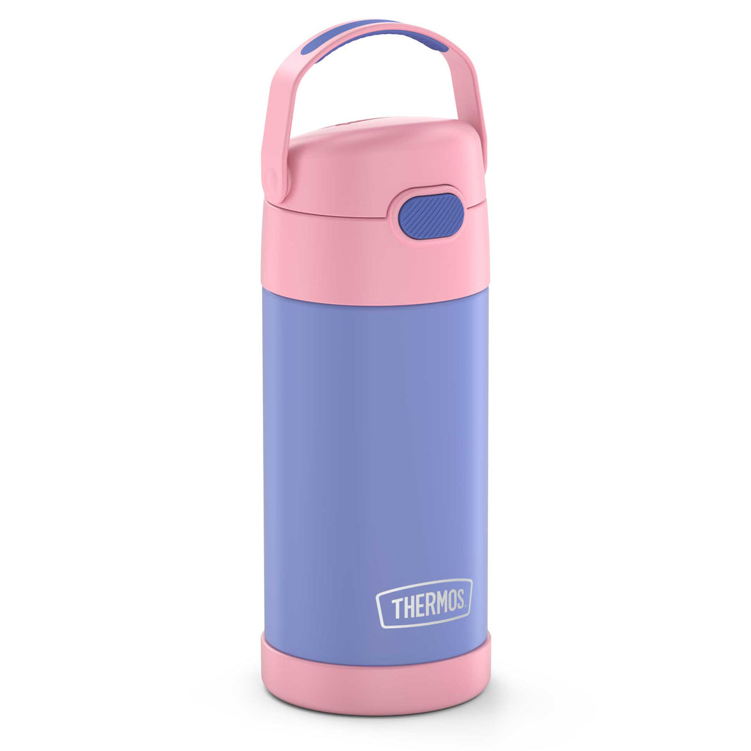 12 ounce Funtainer water bottle, purple and pink, side view, handle up.