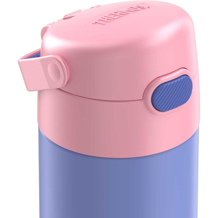 12 ounce Funtainer water bottle, purple and pink, lid inset.