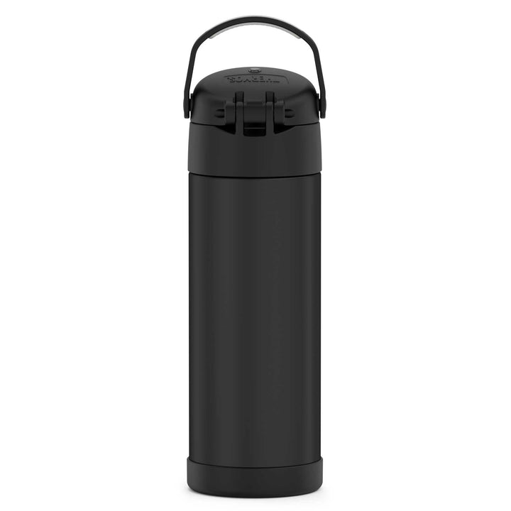 16-ounce Funtainer Stainless Steel Water Bottle with Spout, back view, handle up, Black.