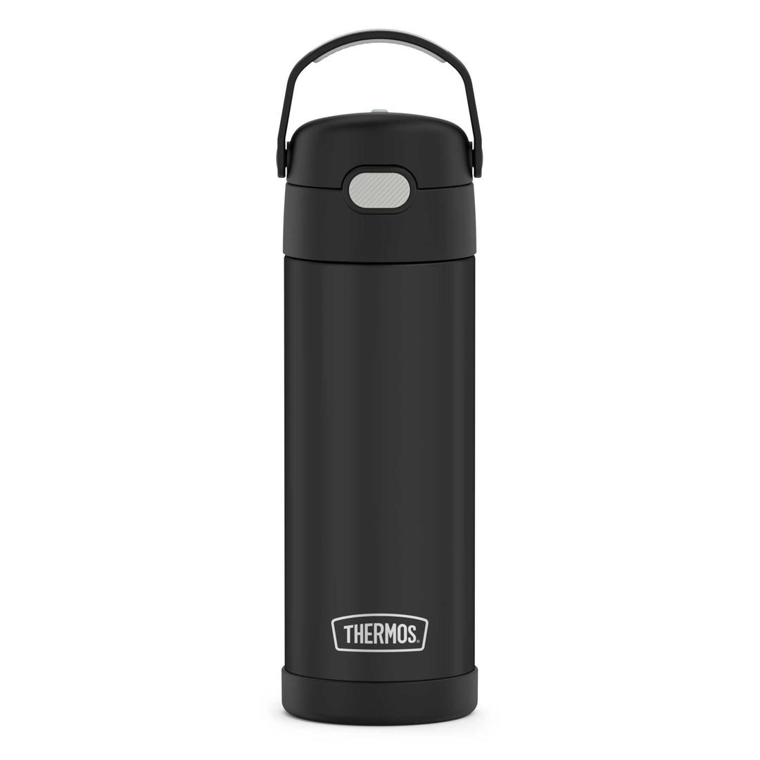 16-ounce Funtainer Stainless Steel Water Bottle with Spout, Black, front view, handle up.