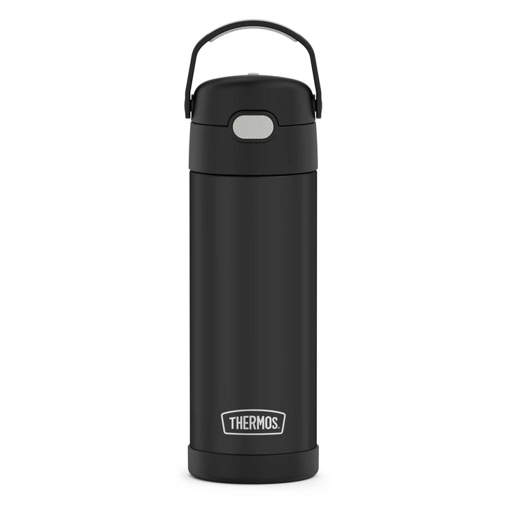 16-ounce Funtainer Stainless Steel Water Bottle with Spout, Black, front view, handle up.