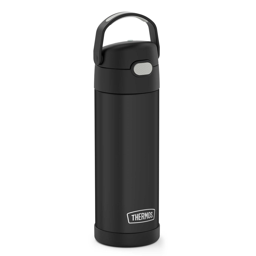 16-ounce Funtainer Stainless Steel Water Bottle with Spout, Black, side view, handle up.