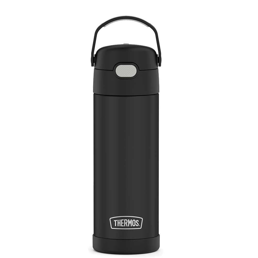 16-ounce Funtainer Stainless Steel Water Bottle with Spout, Black, front view, handle up.
