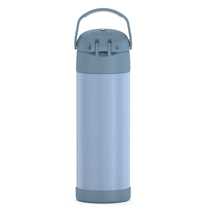 16-ounce Funtainer Stainless Steel Water Bottle with Spout, back view, handle up, Denim Blue.