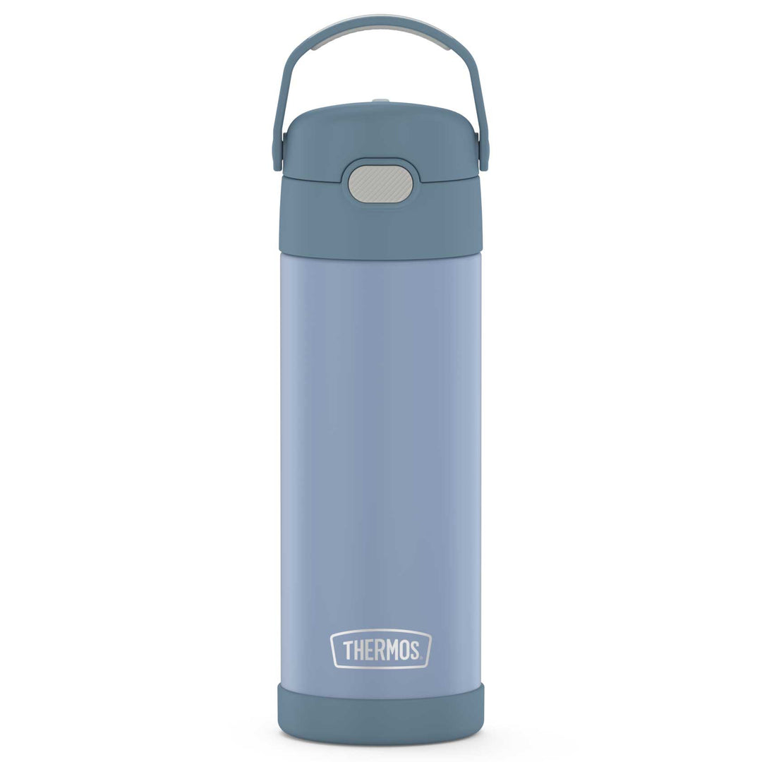 16-ounce Funtainer Stainless Steel Water Bottle with Spout, Denim Blue, front view, handle up.