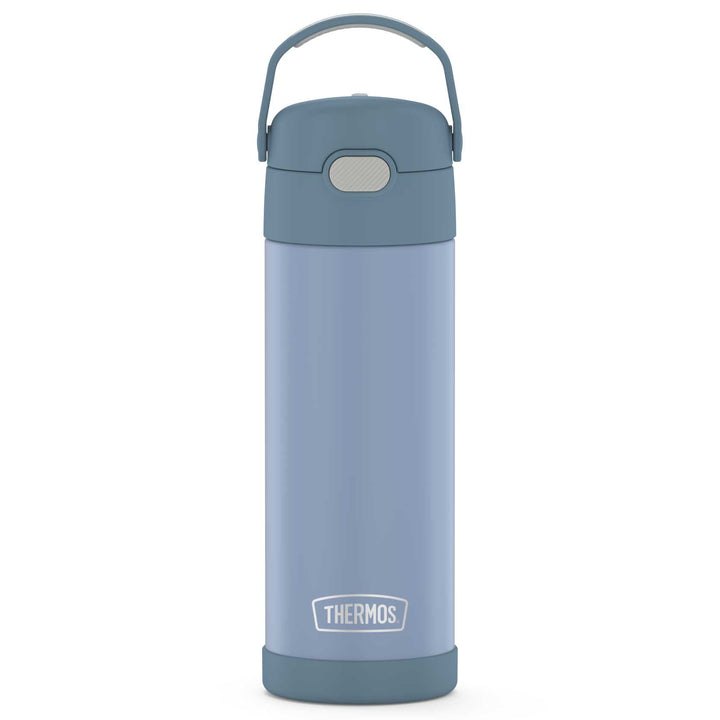 16-ounce Funtainer Stainless Steel Water Bottle with Spout, Denim Blue, front view, handle up.