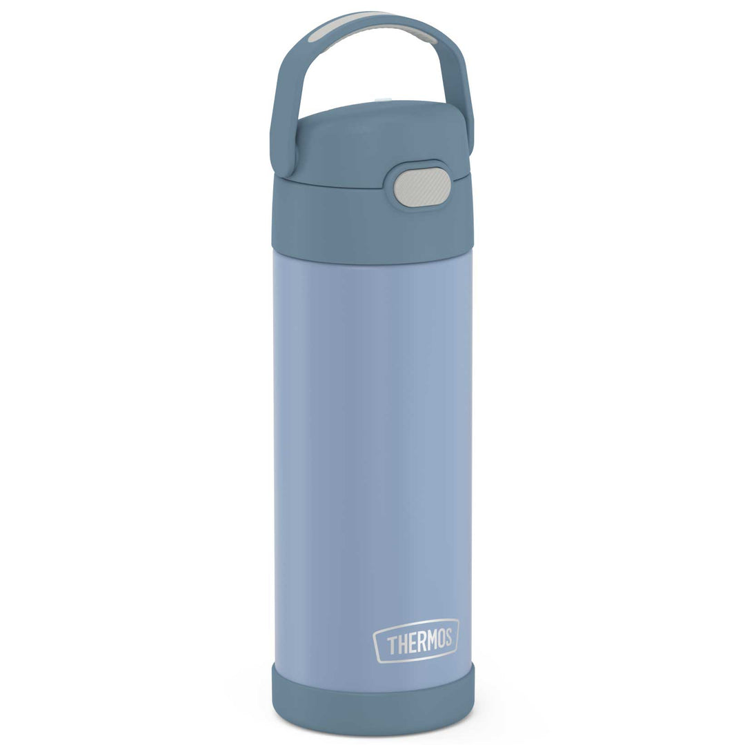 16-ounce Funtainer Stainless Steel Water Bottle with Spout, Denim Blue, side view, handle up.