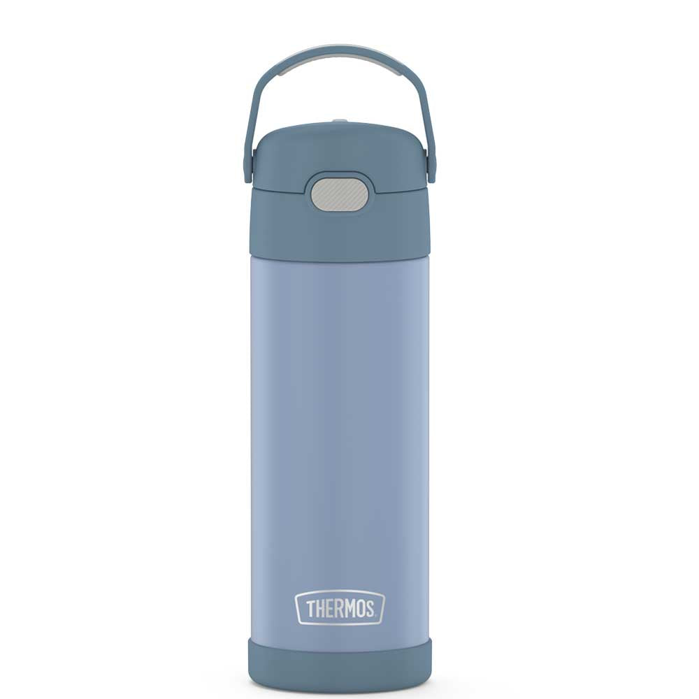  16-ounce Funtainer Stainless Steel Water Bottle with Spout, front view, Denim Blue.