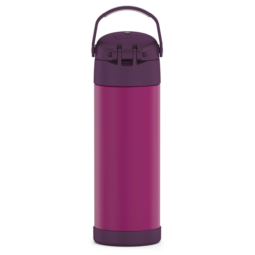 16-ounce Funtainer Stainless Steel Water Bottle with Spout, back view, handle up, Red Violet.