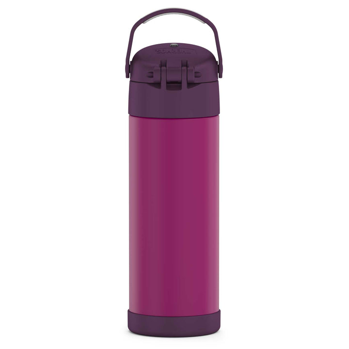 16-ounce Funtainer Stainless Steel Water Bottle with Spout, back view, handle up, Red Violet.