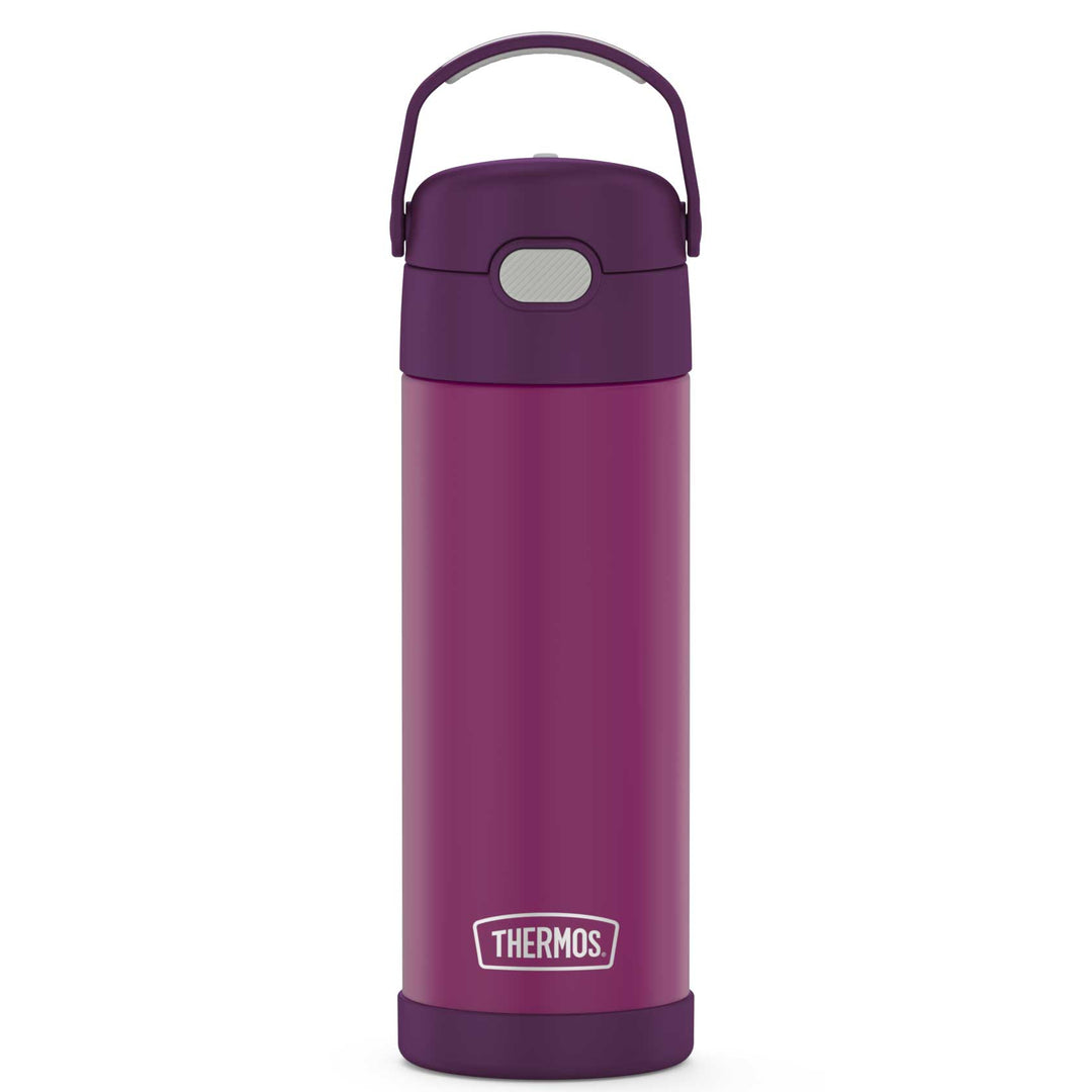 16-ounce Funtainer Stainless Steel Water Bottle with Spout, Red Violet, front view, handle up.