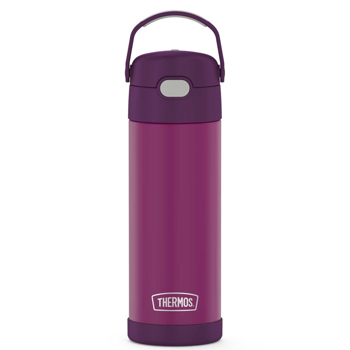 16-ounce Funtainer Stainless Steel Water Bottle with Spout, Red Violet, front view, handle up.