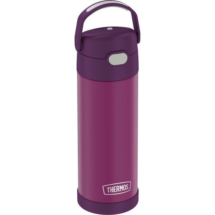 16-ounce Funtainer Stainless Steel Water Bottle with Spout, Red Violet, side view, handle up.