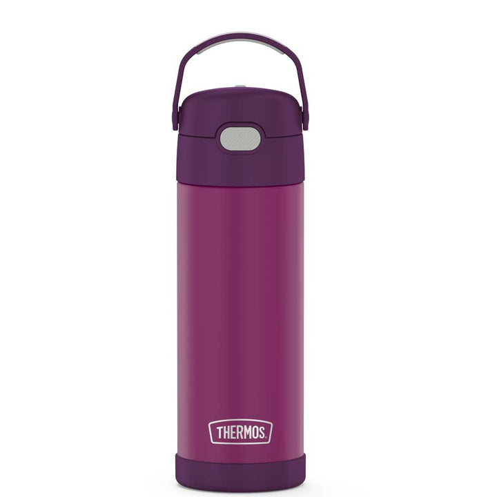 16-ounce Funtainer Stainless Steel Water Bottle with Spout, Red Violet, front view, handle up.