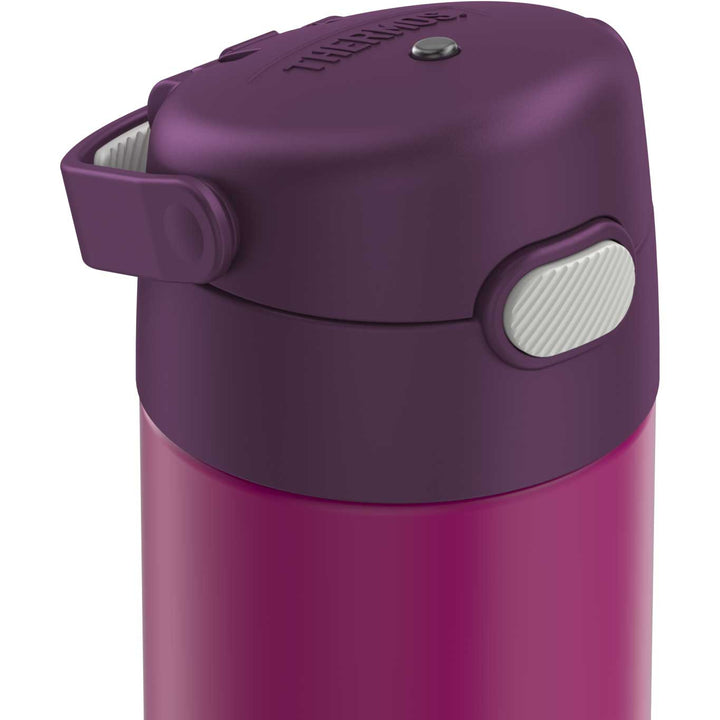 16-ounce Funtainer Stainless Steel Water Bottle with Spout, Red Violet, side view, handle down.