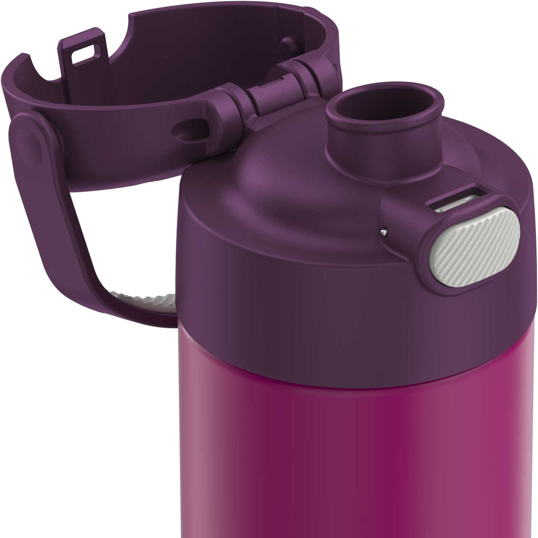 16-ounce Funtainer Stainless Steel Water Bottle with Spout, Red Violet, side view, lid open showing spout.