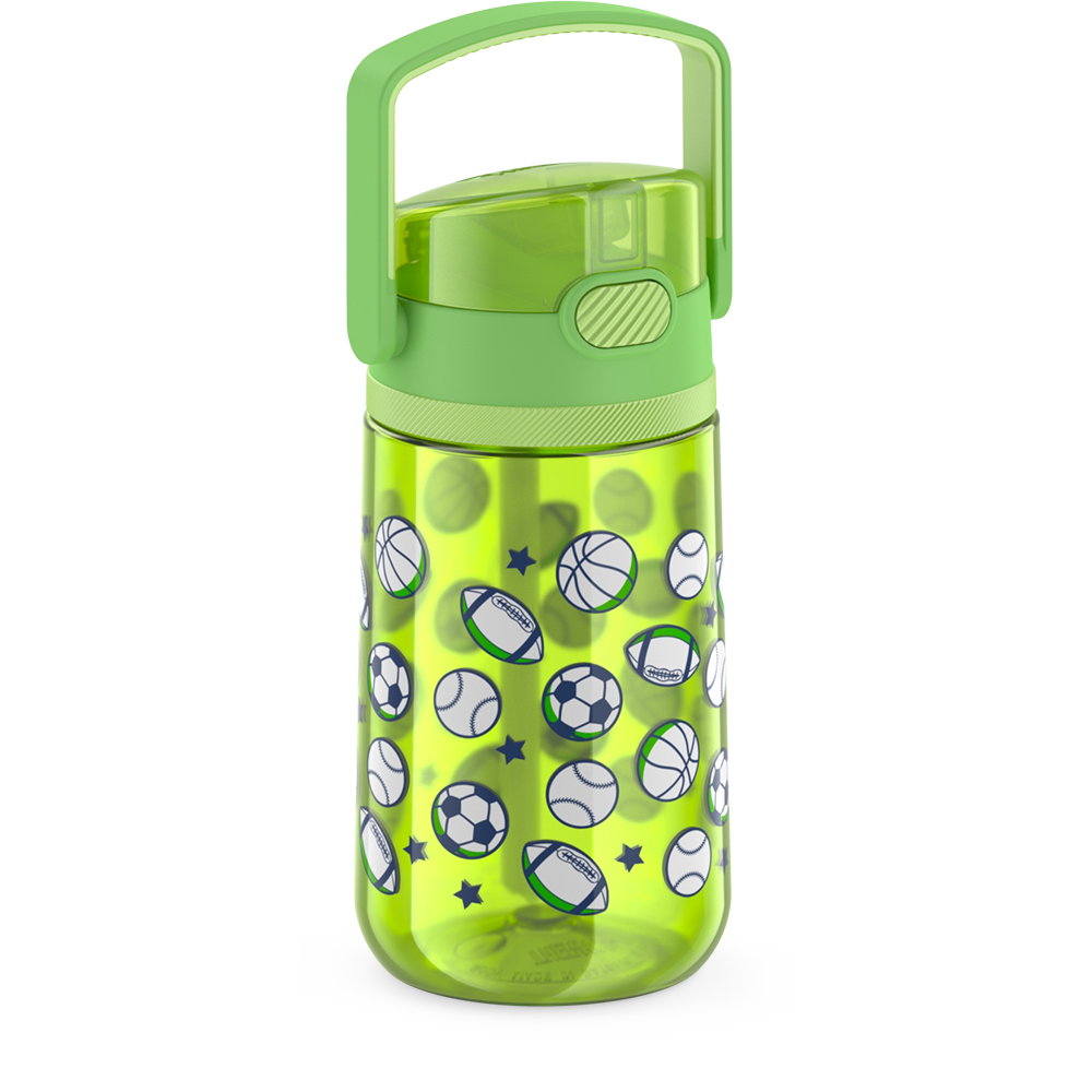 14oz Thermos Kids Plastic Water Bottle in Sports Pattern, side view with handle up.