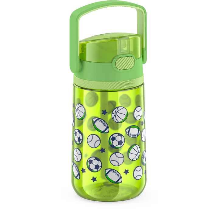 14oz Thermos Kids Plastic Water Bottle in Sports Pattern, side view with handle up.