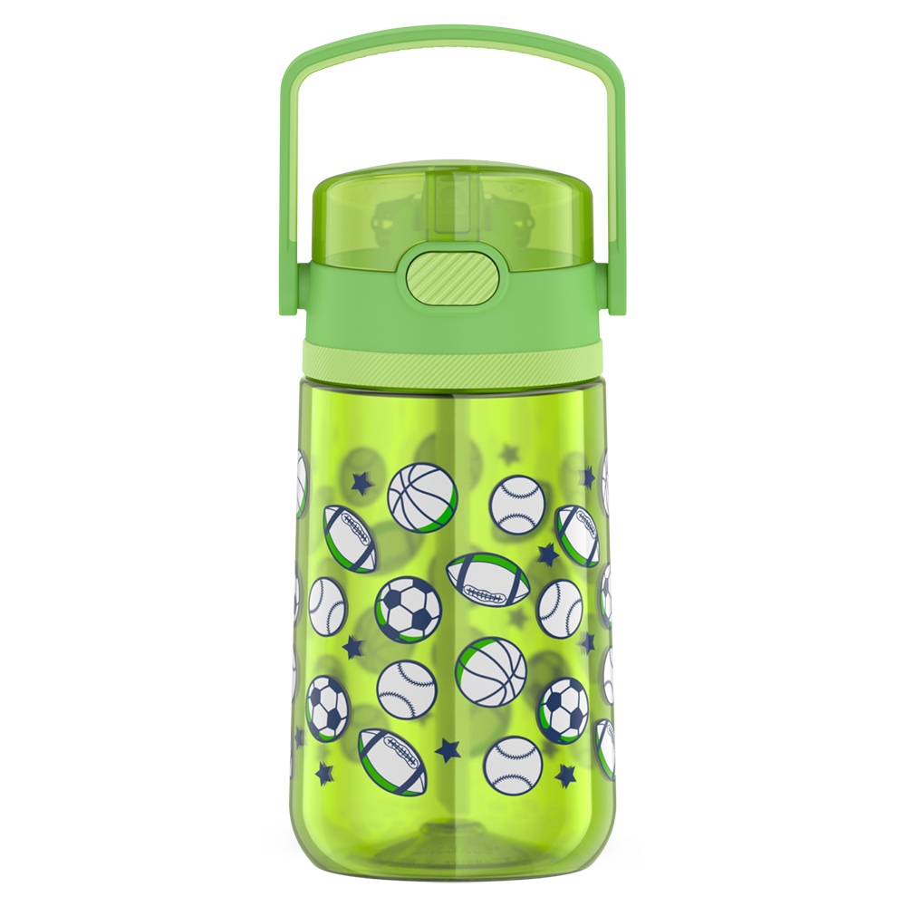 14oz Thermos Kids Plastic Water Bottle in Sports Pattern, front view with handle up.