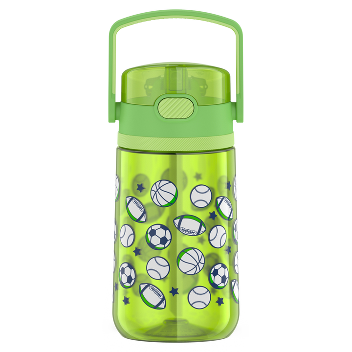 14oz Thermos Kids Plastic Water Bottle in Sports Pattern, front view with handle up.