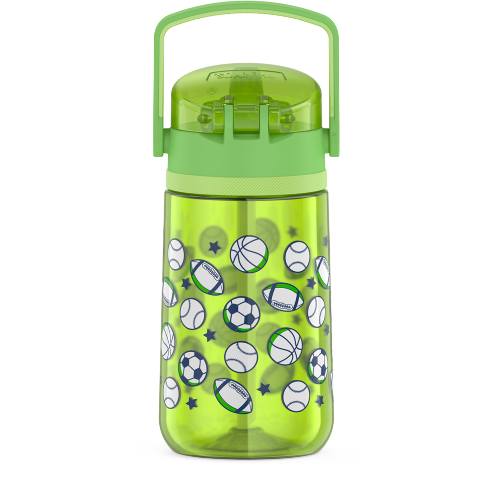 14oz Thermos Kids Plastic Water Bottle in Sports Pattern, back view with handle up.