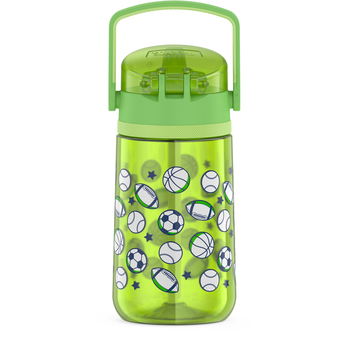 14oz Thermos Kids Plastic Water Bottle in Sports Pattern, back view with handle up.