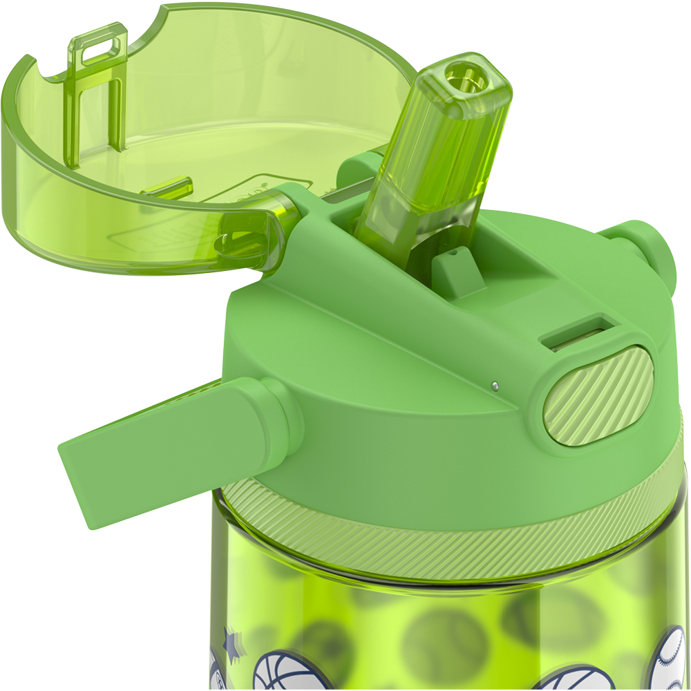 14oz Thermos Kids Plastic Water Bottle in Sports Pattern with lid open, showing straw.