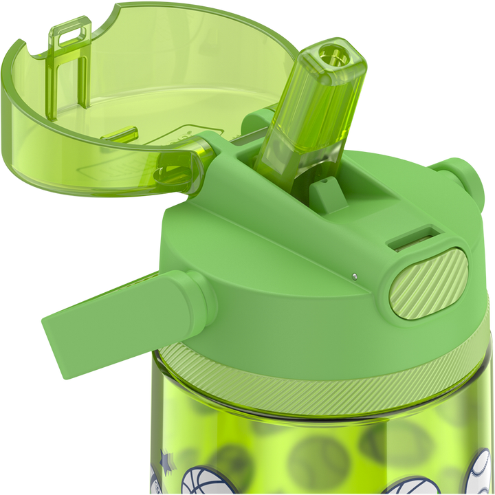 14oz Thermos Kids Plastic Water Bottle in Sports Pattern with lid open, showing straw.