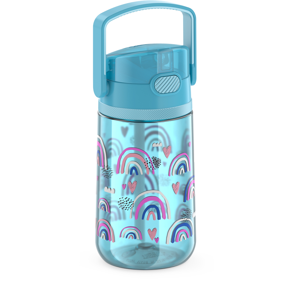 14oz Thermos Kids Plastic Water Bottle in Joyful Rainbows Pattern, side view with handle up.