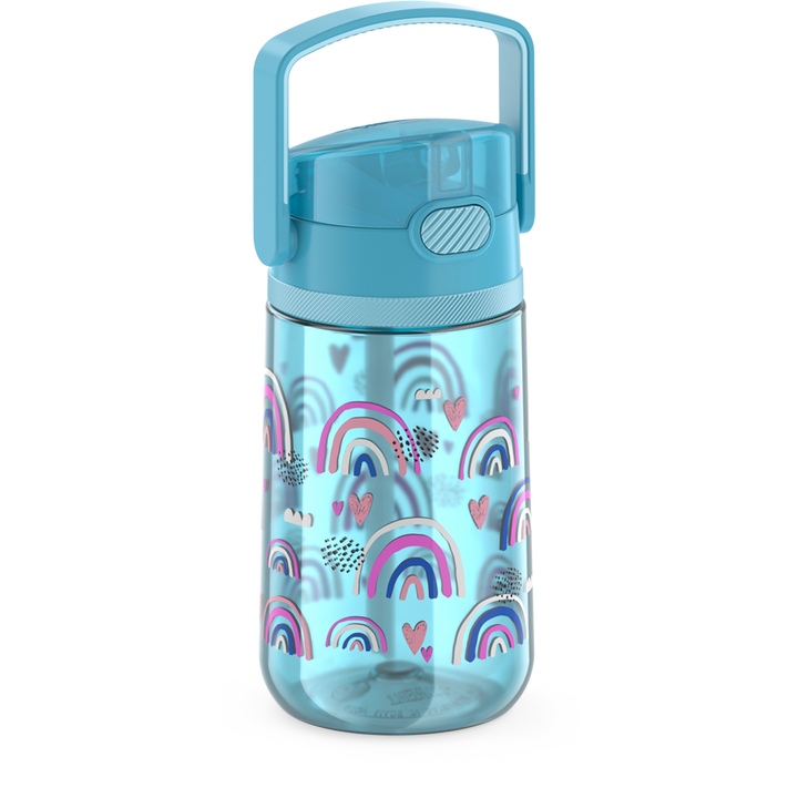 14oz Thermos Kids Plastic Water Bottle in Joyful Rainbows Pattern, side view with handle up.