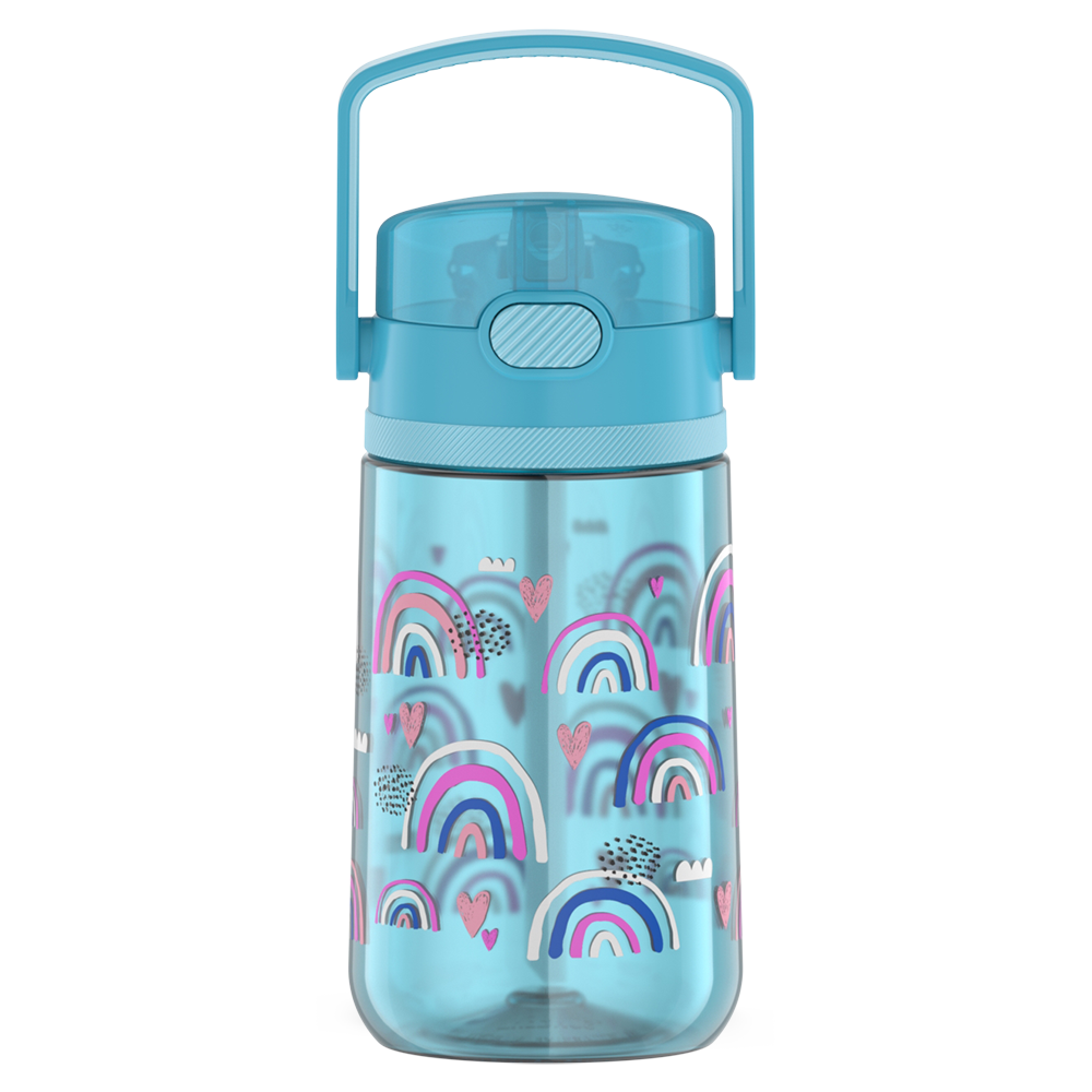 14oz Thermos Kids Plastic Water Bottle in light blue with Joyful Rainbows Pattern, front view with handle up.
