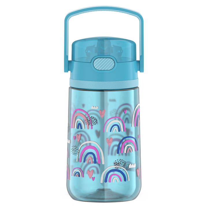 14oz Thermos Kids Plastic Water Bottle in light blue with Joyful Rainbows Pattern, front view with handle up.