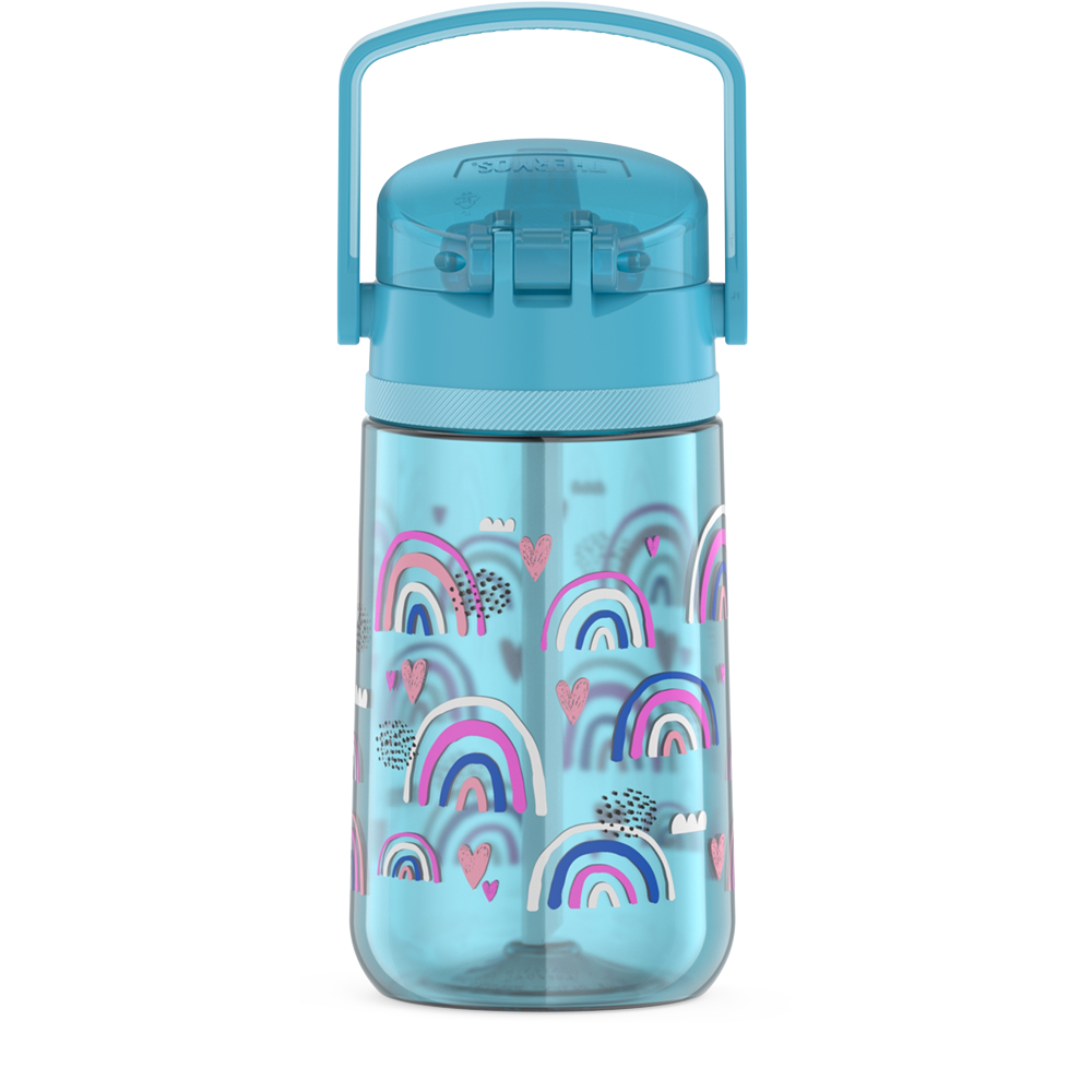 14oz Thermos Kids Plastic Water Bottle in Joyful Rainbows Pattern, back view with handle up.