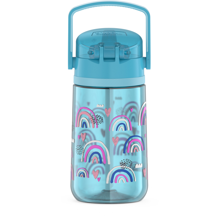 14oz Thermos Kids Plastic Water Bottle in Joyful Rainbows Pattern, back view with handle up.