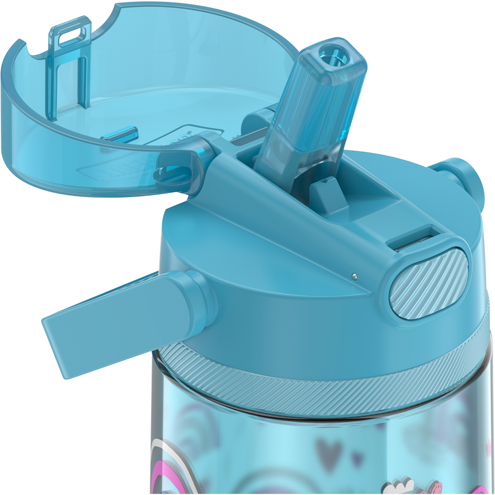 14oz Thermos Kids Plastic Water Bottle in Joyful Rainbows Pattern with lid open, showing straw.