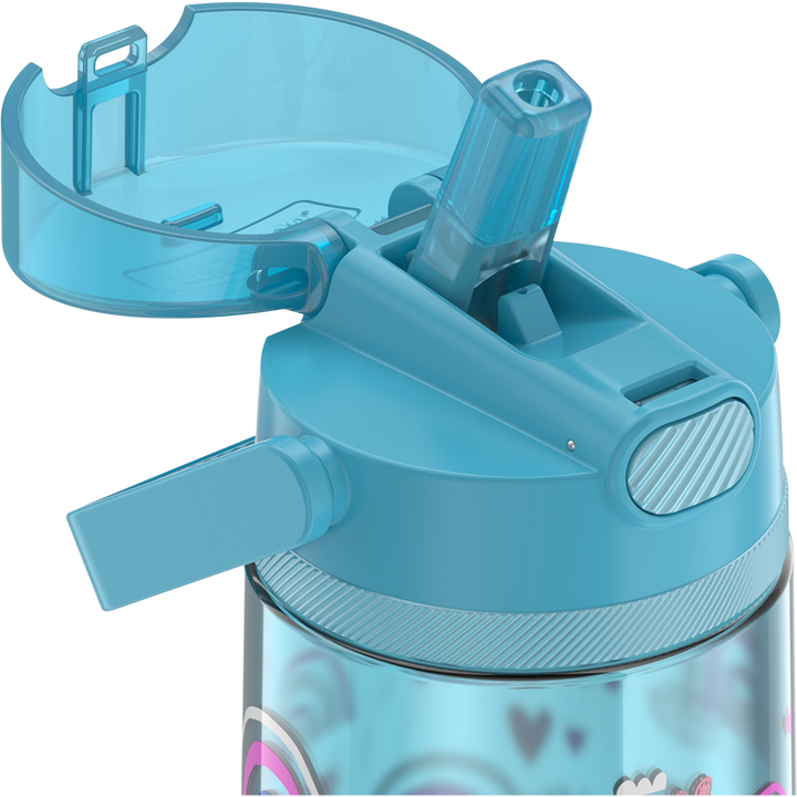14oz Thermos Kids Plastic Water Bottle in Joyful Rainbows Pattern with lid open, showing straw.